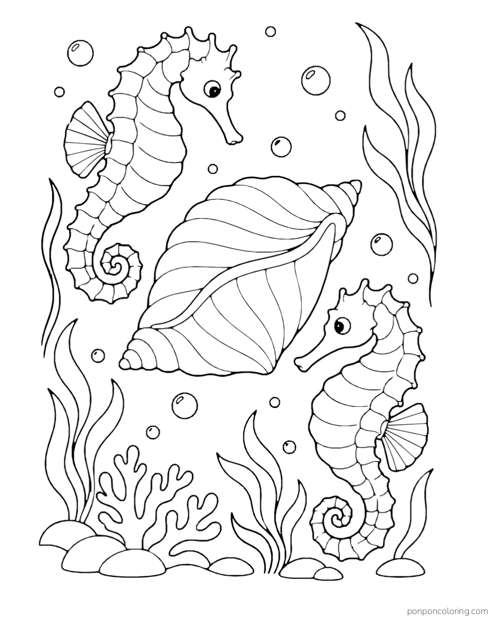 Two seahorses beside a large conch shell among coral, sea plants, rocks, and bubbles.