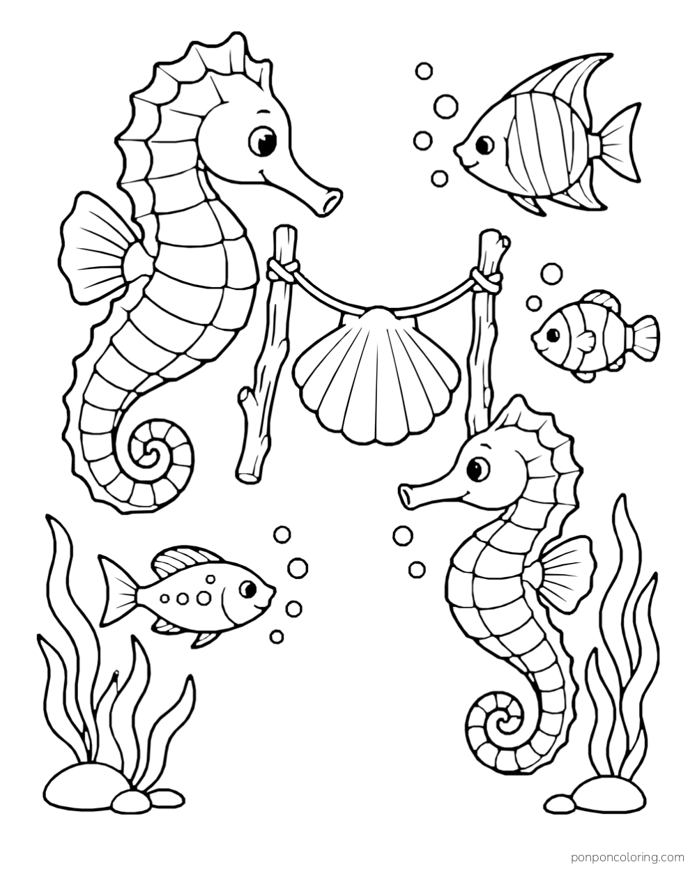 Two seahorses, three fish, and a scallop shell hanging between two short driftwood posts.