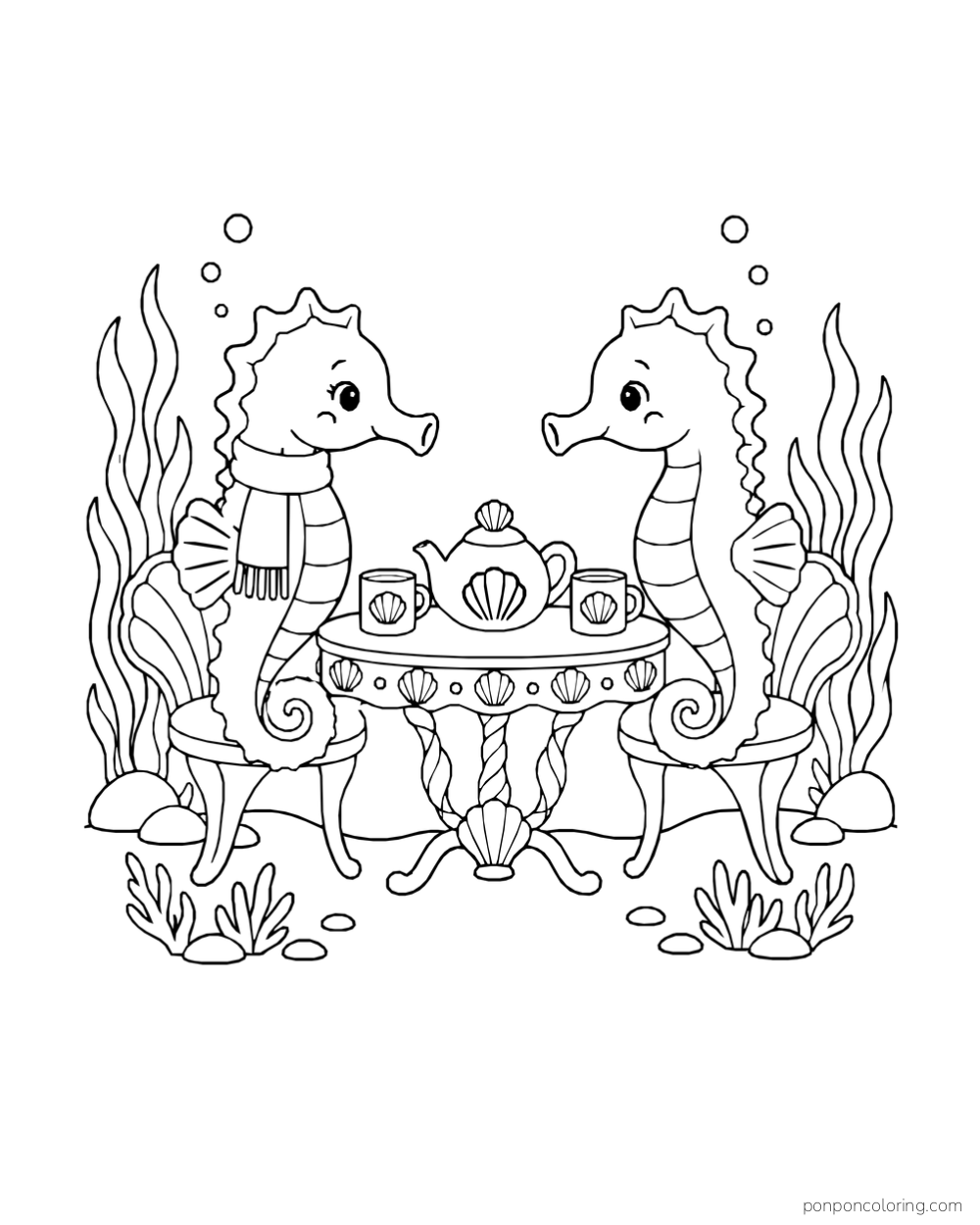 Two seahorses sitting on shell chairs beside a table with a teapot and two mugs, with one seahorse wearing a scarf.
