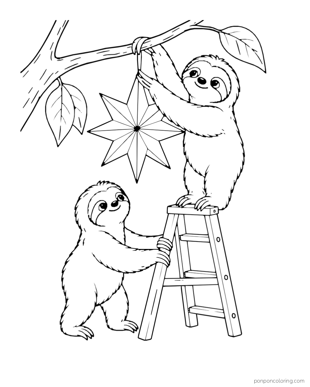 One sloth on a short ladder hanging a paper star while another steadies the ladder.
