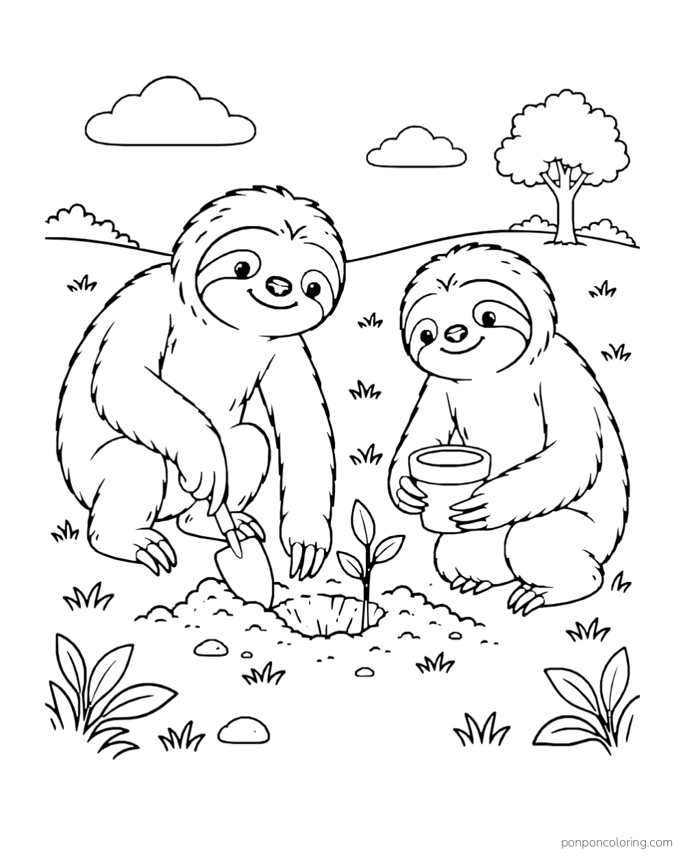 One sloth using a trowel beside a small seedling while another holds the empty pot.
