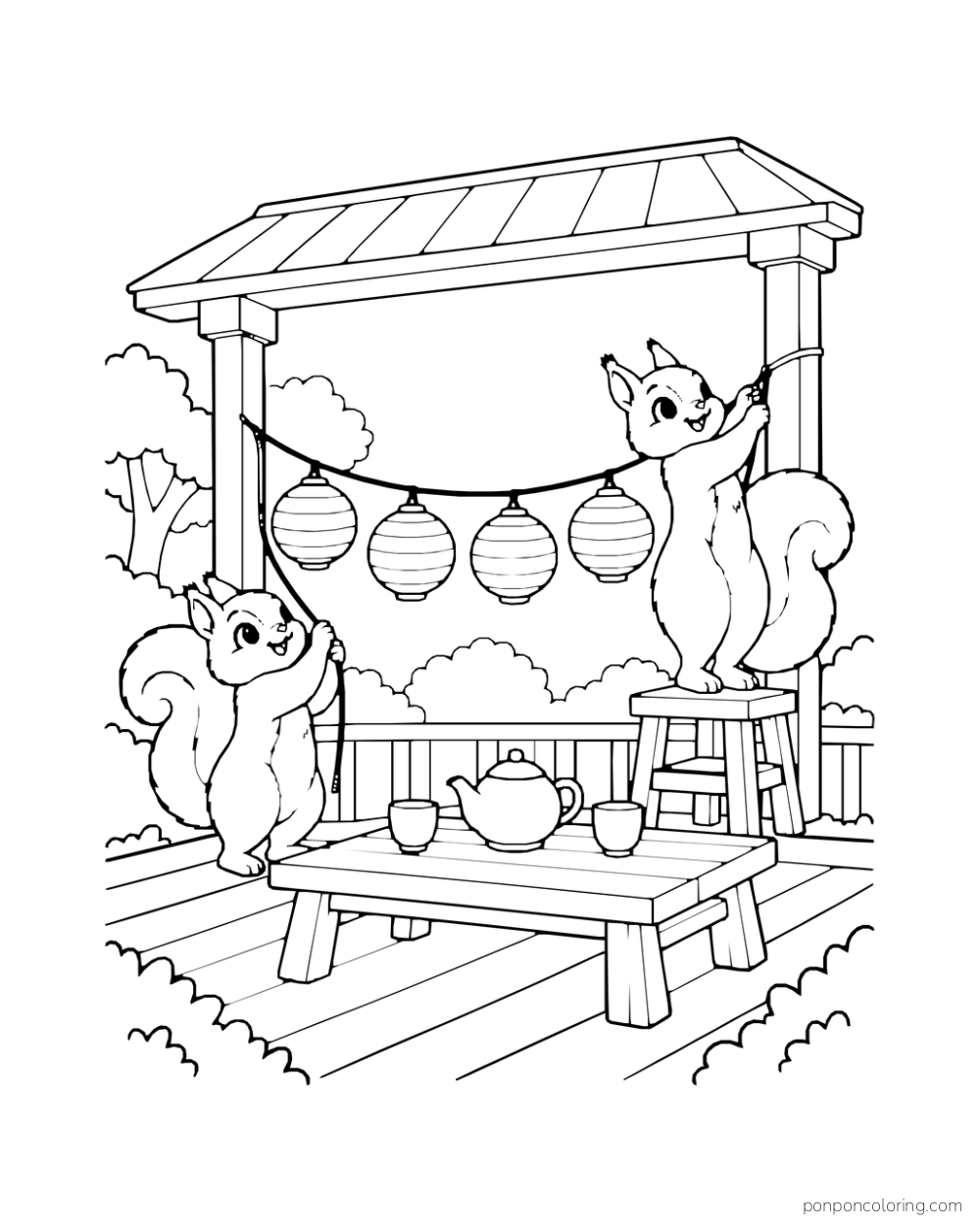 Two squirrels hang four round lanterns above a porch table set with a teapot and cups.