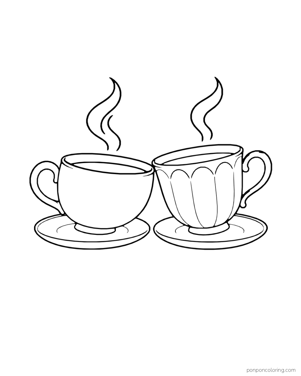 Two unlike teacups on saucers sit side by side with steam rising from each.