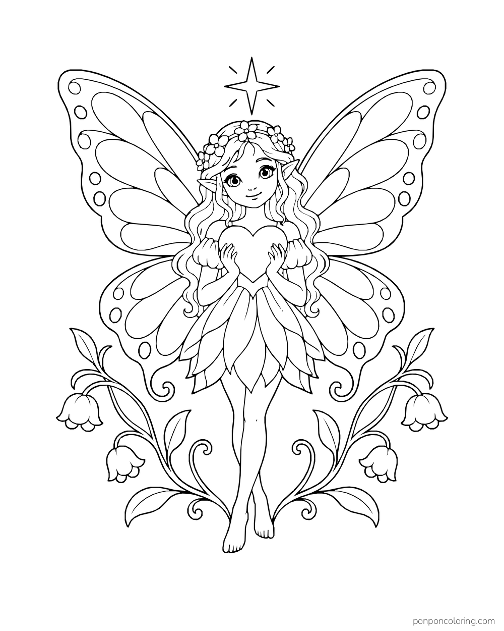 Fairy with wide symmetrical butterfly wings holding a heart above flowers.