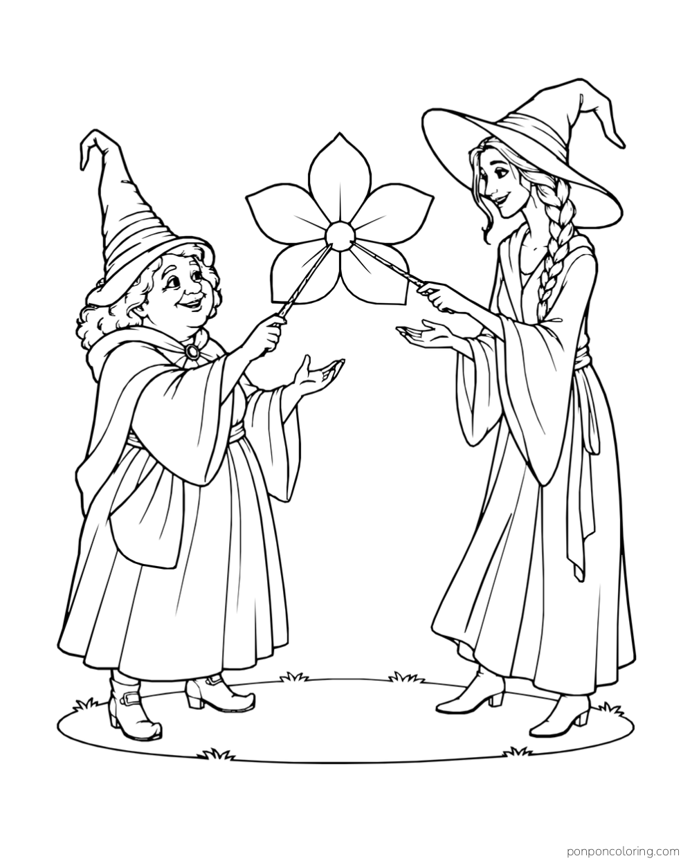 A short older witch and a tall braided witch bring their wands together to form a five-petal magic flower.