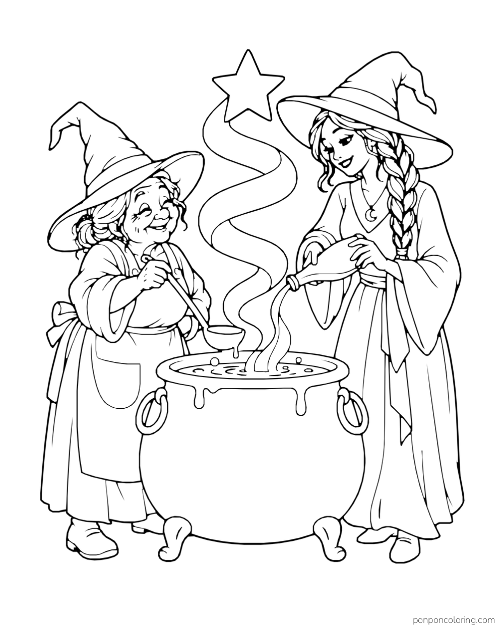 A short older witch stirs a large cauldron while a taller braided witch pours a bottle and a broad magic ribbon rises to a star.