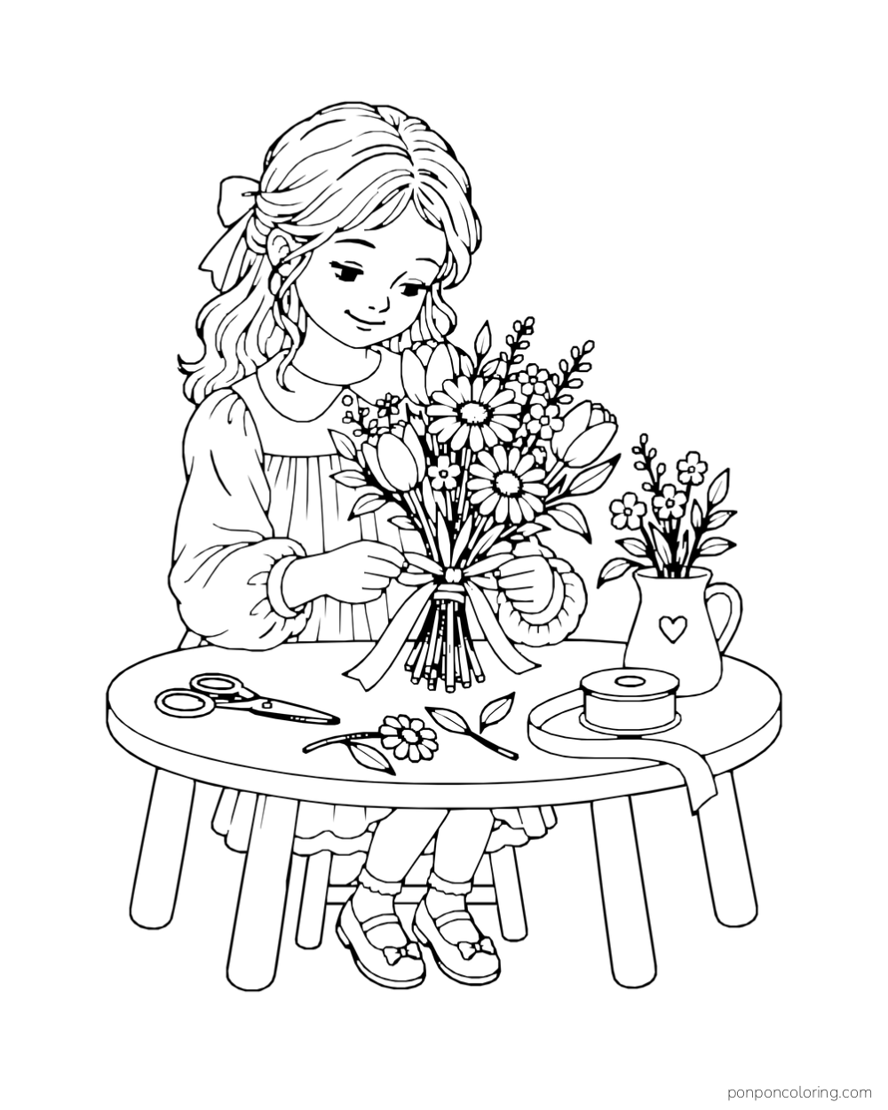 A seated girl ties a ribbon around a bouquet at a round table with scissors, a ribbon spool, and a pitcher of flowers.