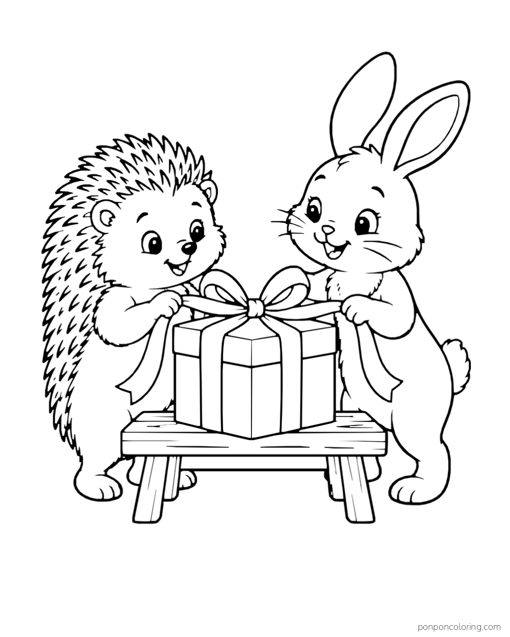 A hedgehog and rabbit each hold a ribbon end over a box on a low bench.