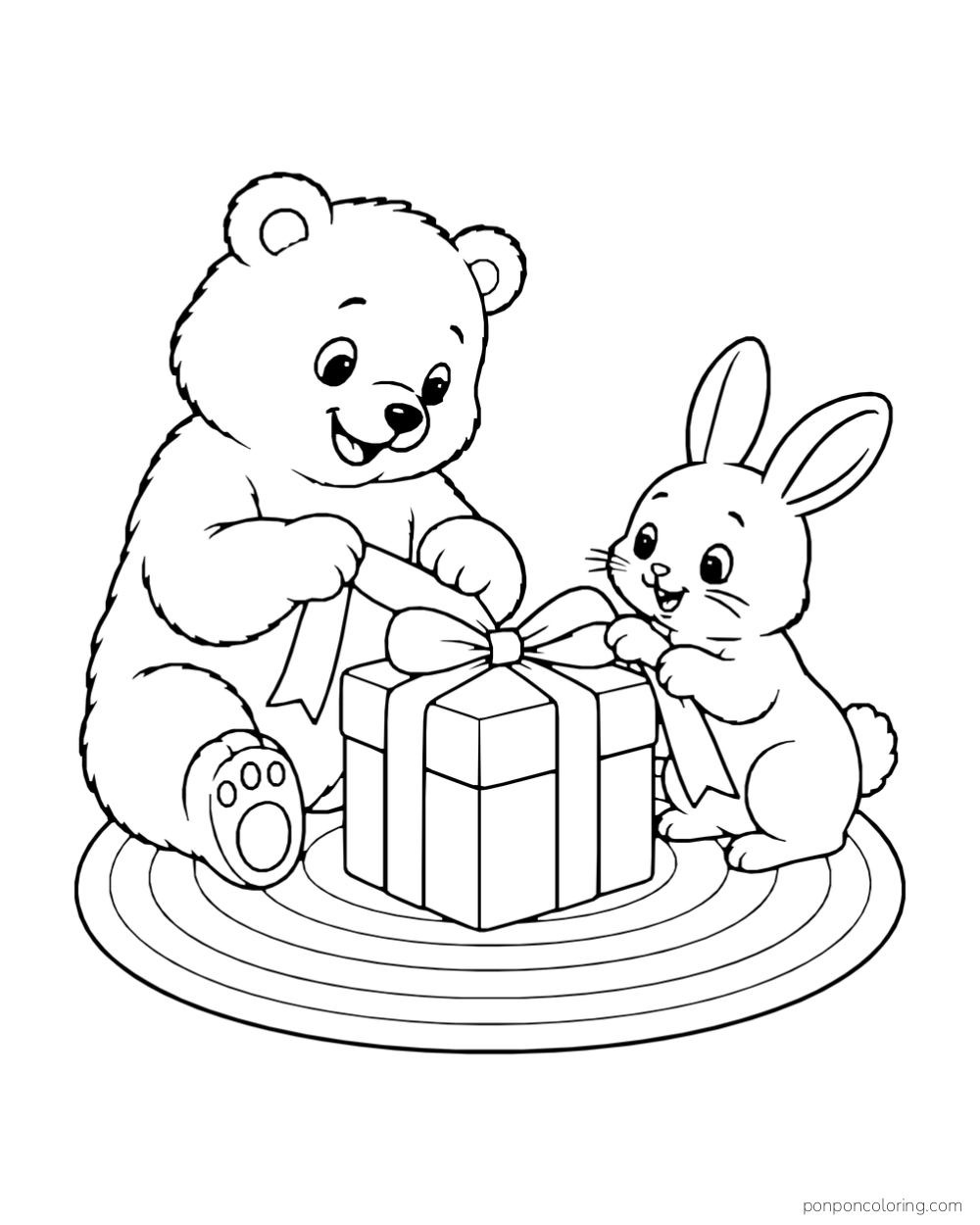 A bear and rabbit pull the ribbon ends around a square gift box on a round mat.
