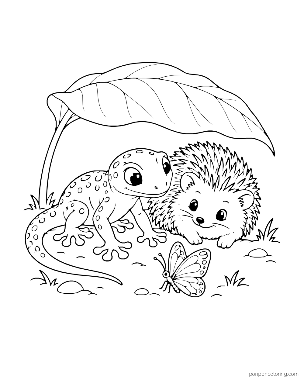 A gecko and a hedgehog rest beneath a broad leaf beside a small butterfly.