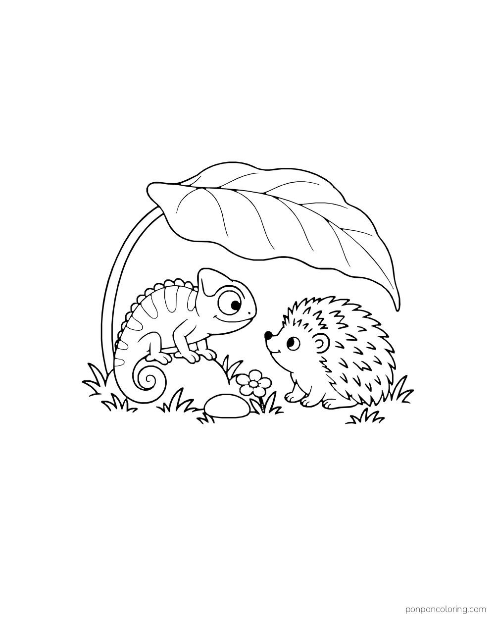 A chameleon and a hedgehog face one another beneath a broad leaf, with a flower and pebble nearby.