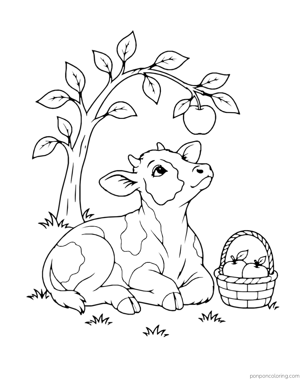 A calf rests beneath an apple tree beside a basket of apples.