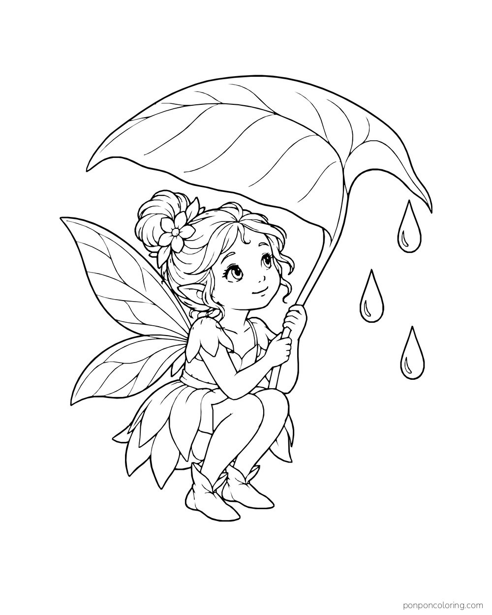 Fairy crouching under a large leaf as three raindrops fall nearby.