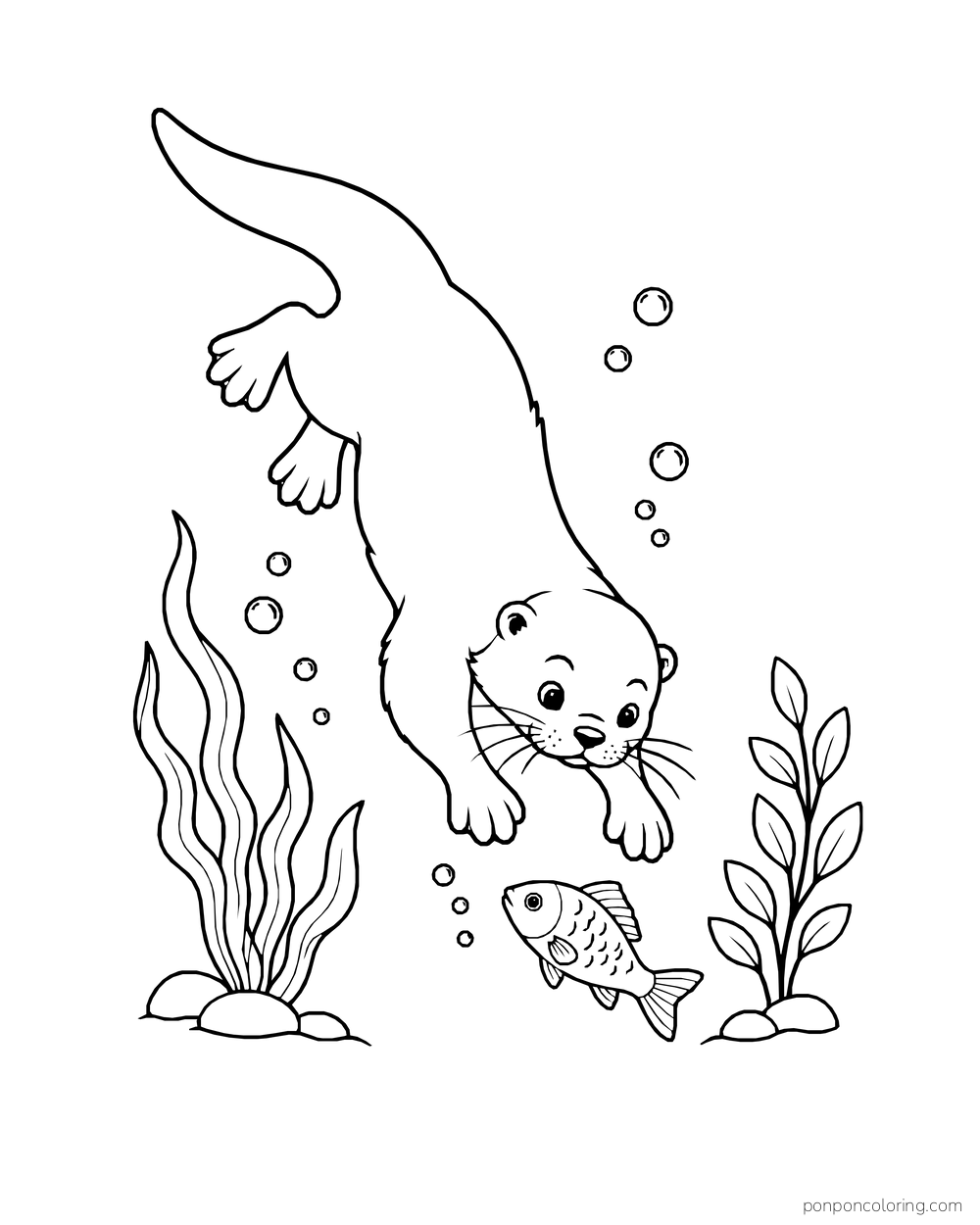 Otter diving headfirst toward a small fish between underwater plants and bubbles.