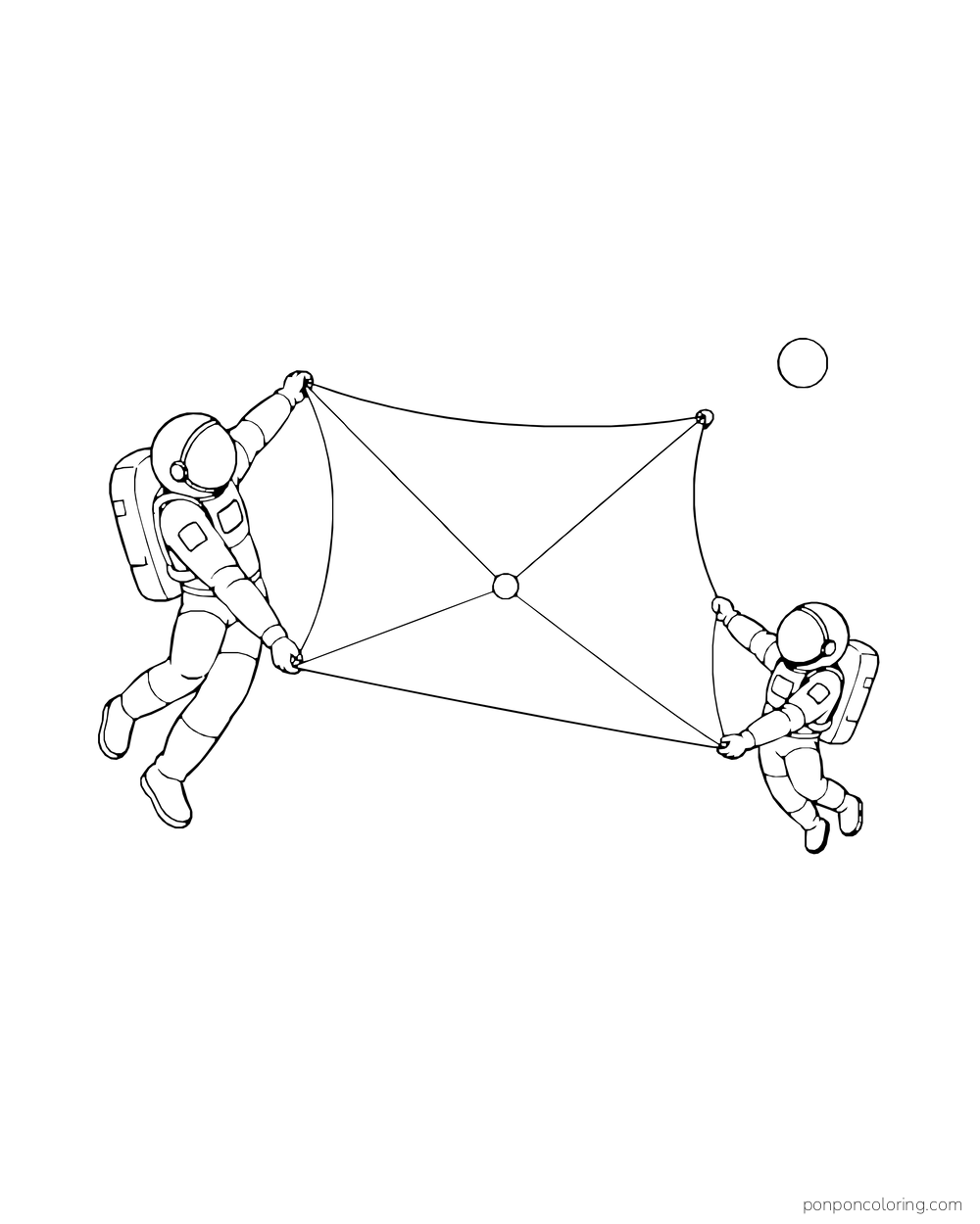 Two astronauts hold opposite corners of a broad four-panel sail in space.