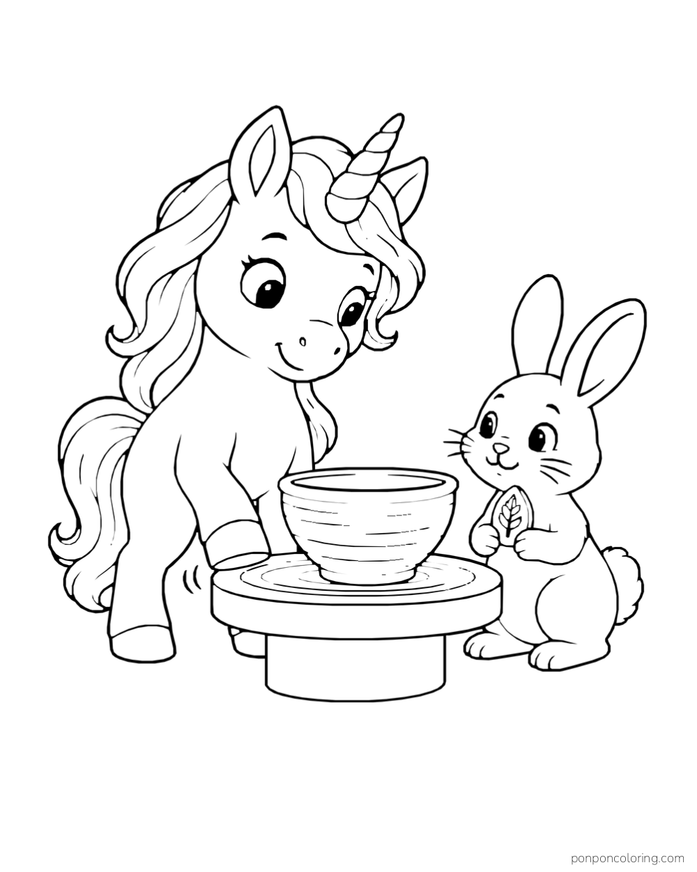 A unicorn and rabbit beside a pottery wheel holding a bowl, with a leaf-shaped stamp held by the rabbit.