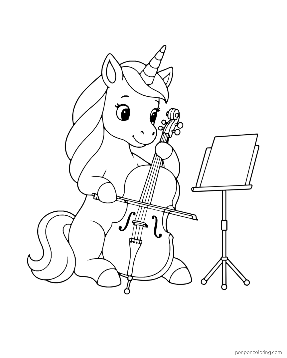 A seated unicorn holds a cello and bow beside a music stand with a blank sheet.