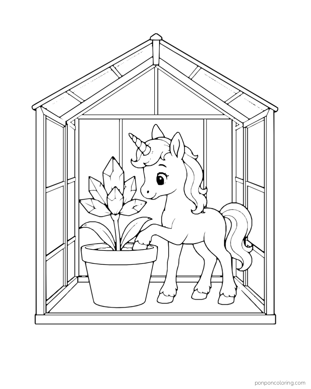 A unicorn tends a potted crystal-shaped flower inside a small greenhouse.