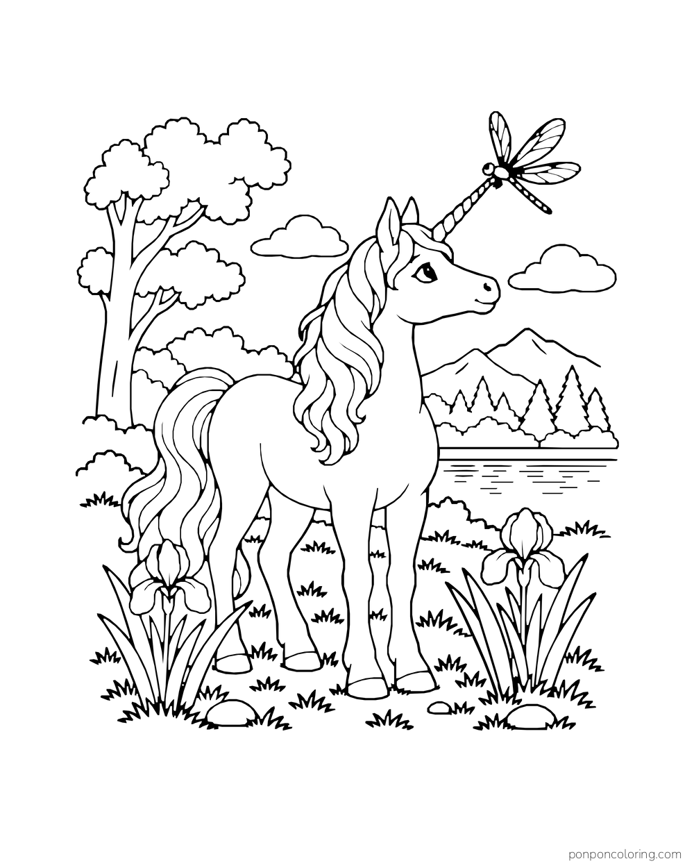 A unicorn watches a dragonfly at its horn beside irises, a tree, distant mountains and water.