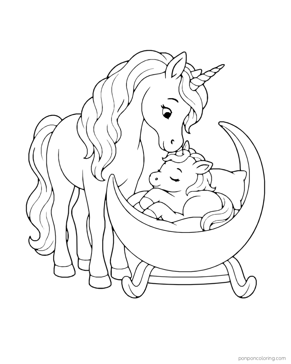 A unicorn bends toward a sleeping foal in a crescent-shaped rocking cradle.
