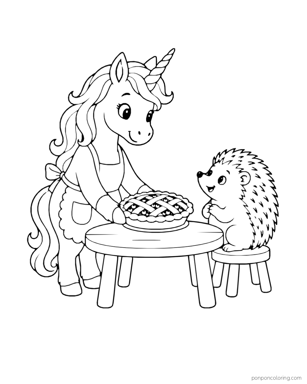 An apron-wearing unicorn shares a lattice pie at a round table with a hedgehog on a stool.