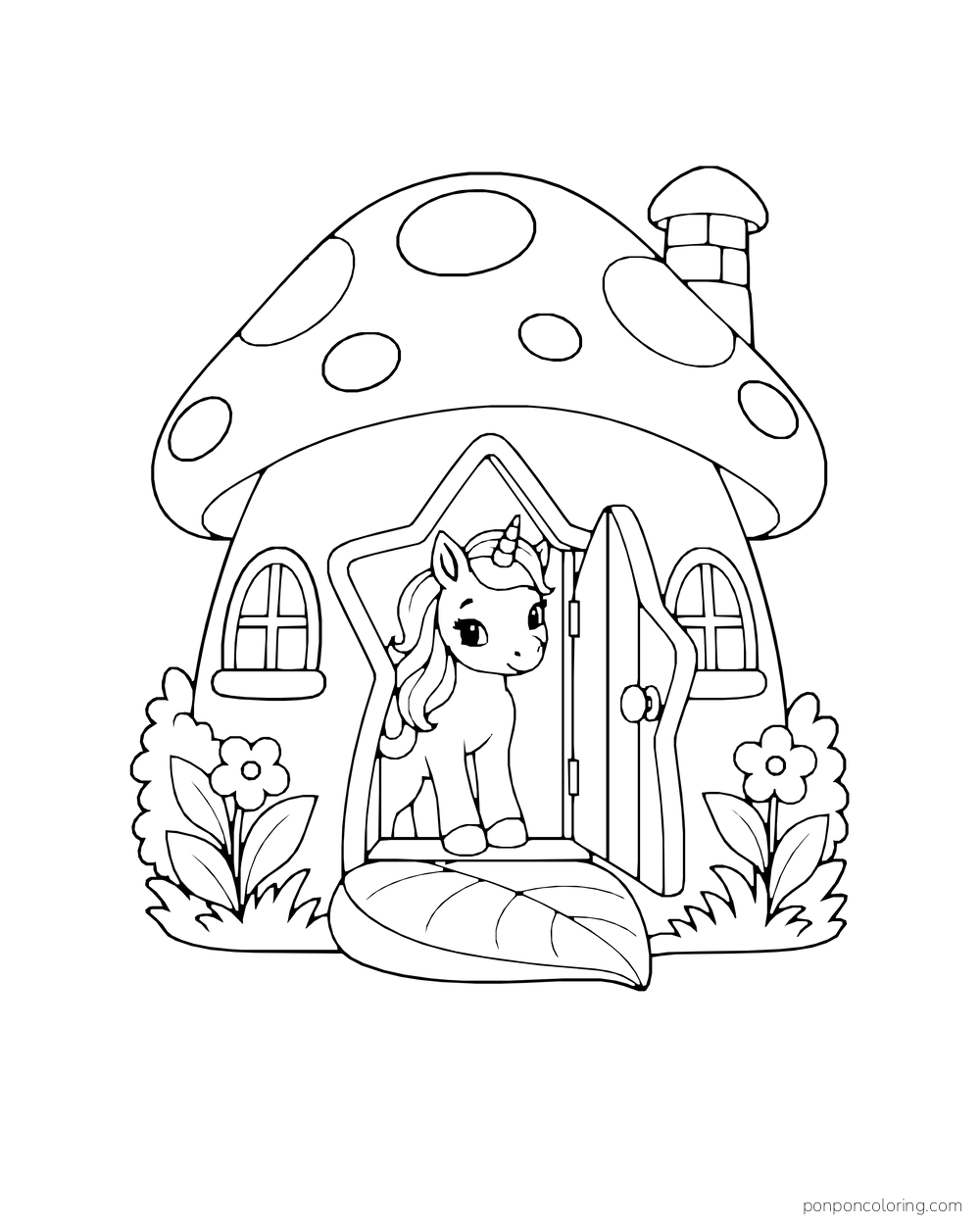 A unicorn peeks through a star-shaped door in a mushroom house with two windows and a leaf doorstep.