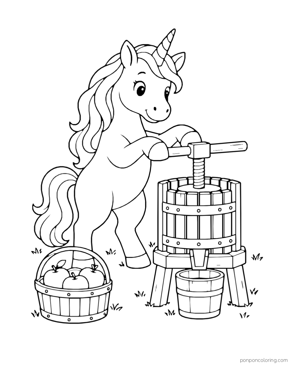 A unicorn turns a wooden apple press beside a basket of apples and a small bucket.