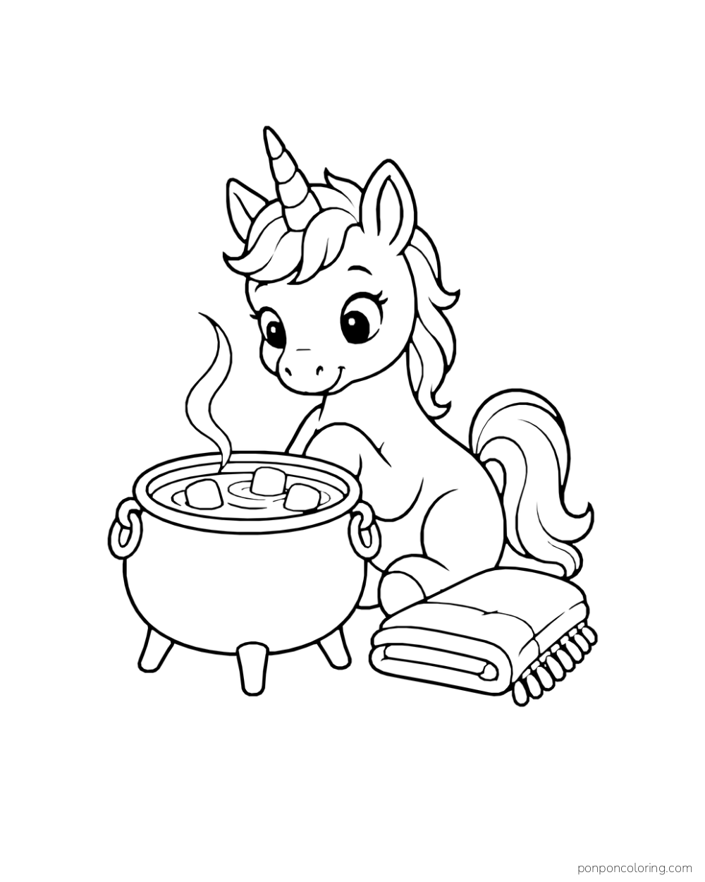 A unicorn watches three marshmallows float in a low cocoa cauldron beside a folded blanket.