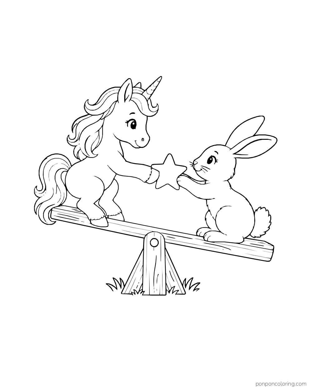 A unicorn foal and a rabbit face one another from opposite ends of a seesaw.