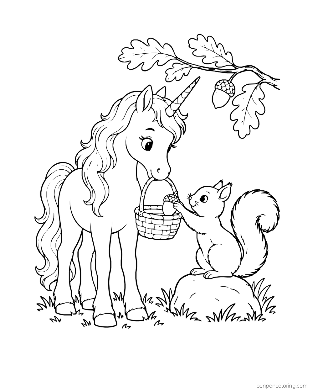 A unicorn with a basket meets a squirrel beneath an oak branch with acorns.