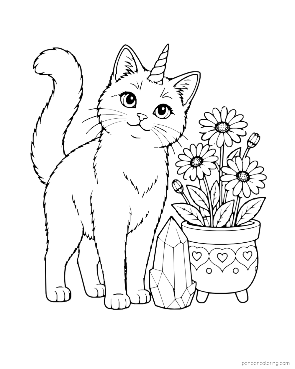 A cat with a small unicorn horn sits beside a crystal and a pot of daisies.