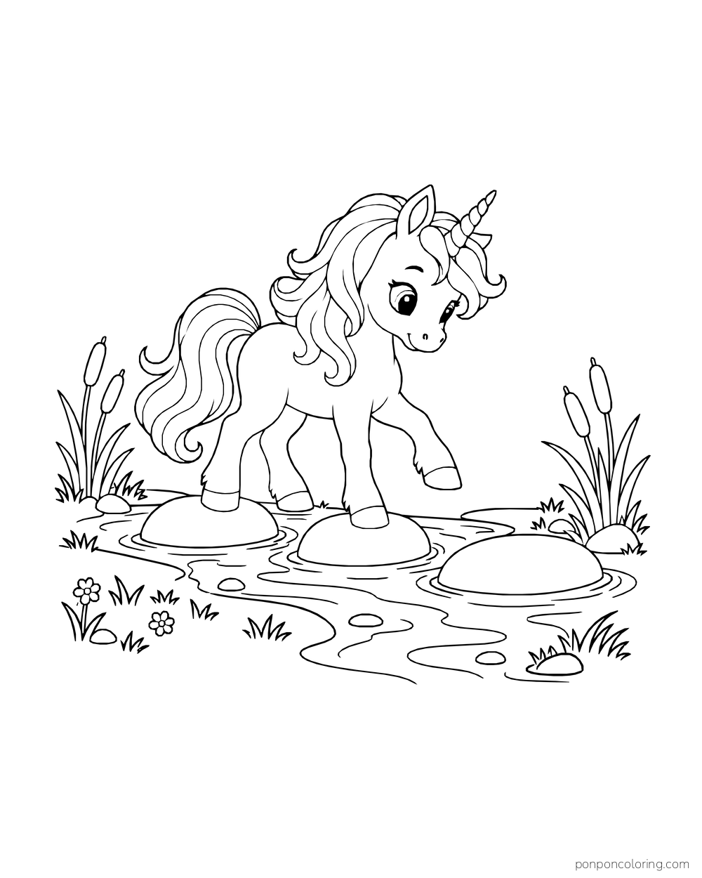 A unicorn lifting one front hoof above three stepping stones in a stream, with cattails at both banks.