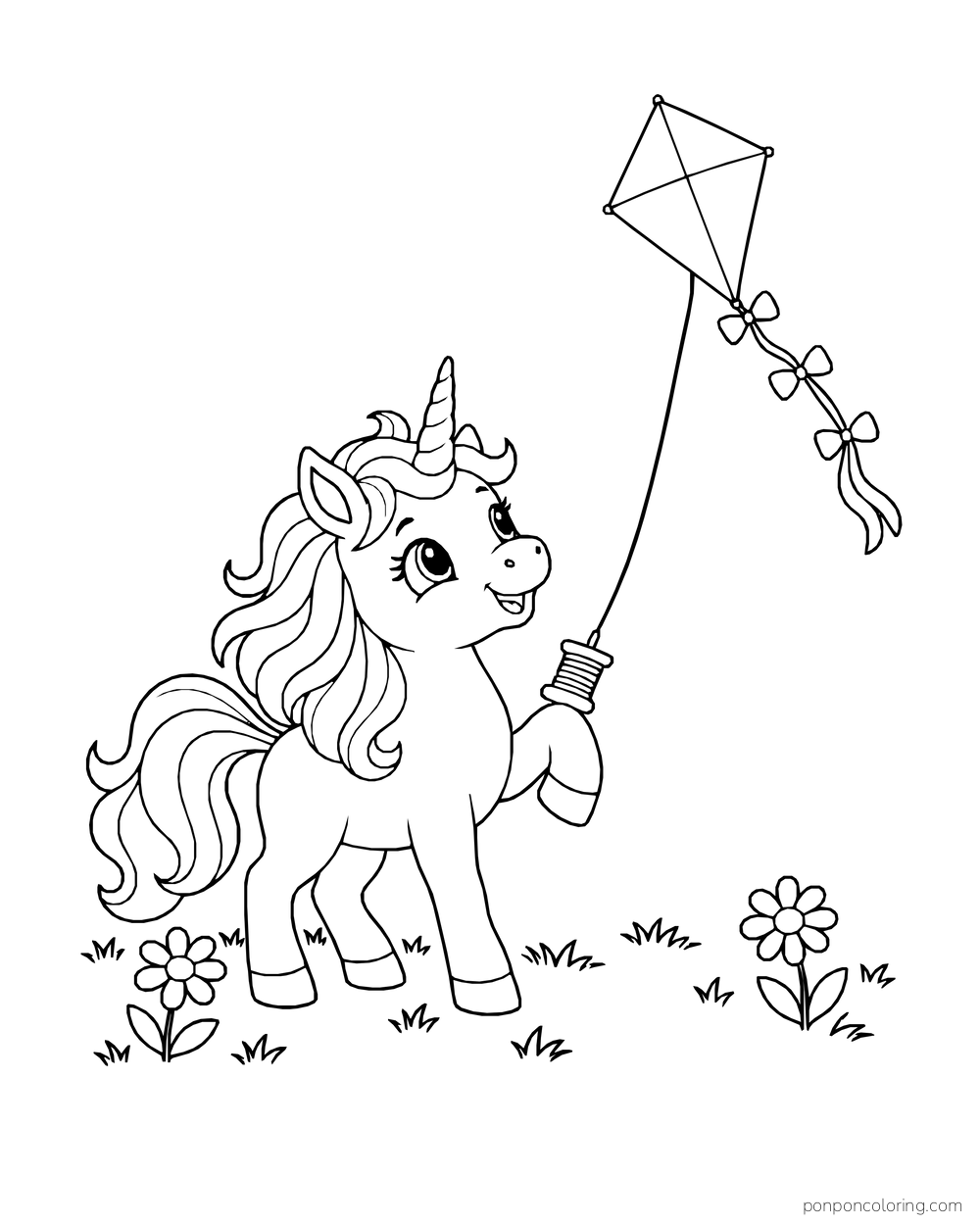 A unicorn holding a spool beneath a diamond kite with three bows, with two daisies nearby.