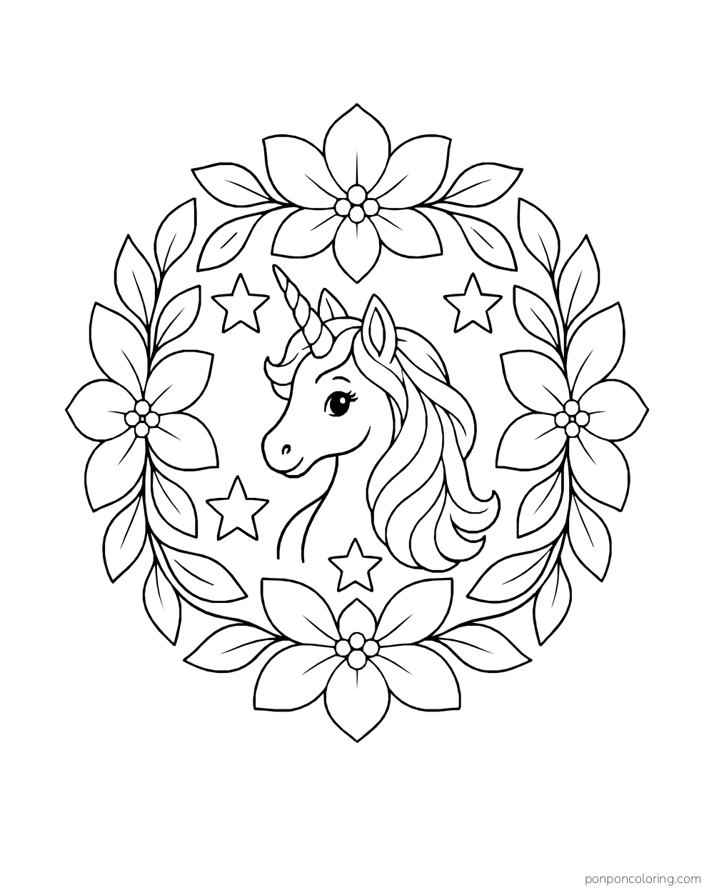 A unicorn head sits at the center of a circular floral ornament with stars.