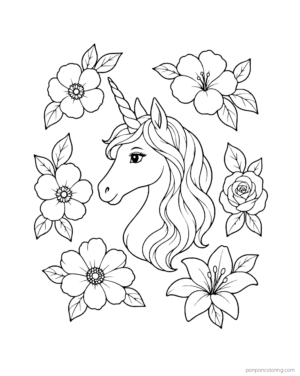 A side-view unicorn portrait is surrounded by six separate large flowers and leaves.
