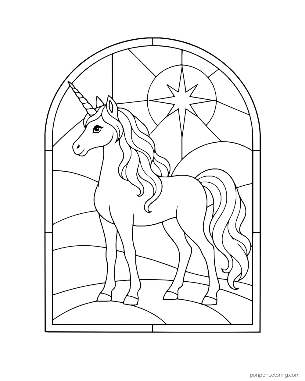A unicorn stands inside an arched stained-glass window with broad geometric panes.