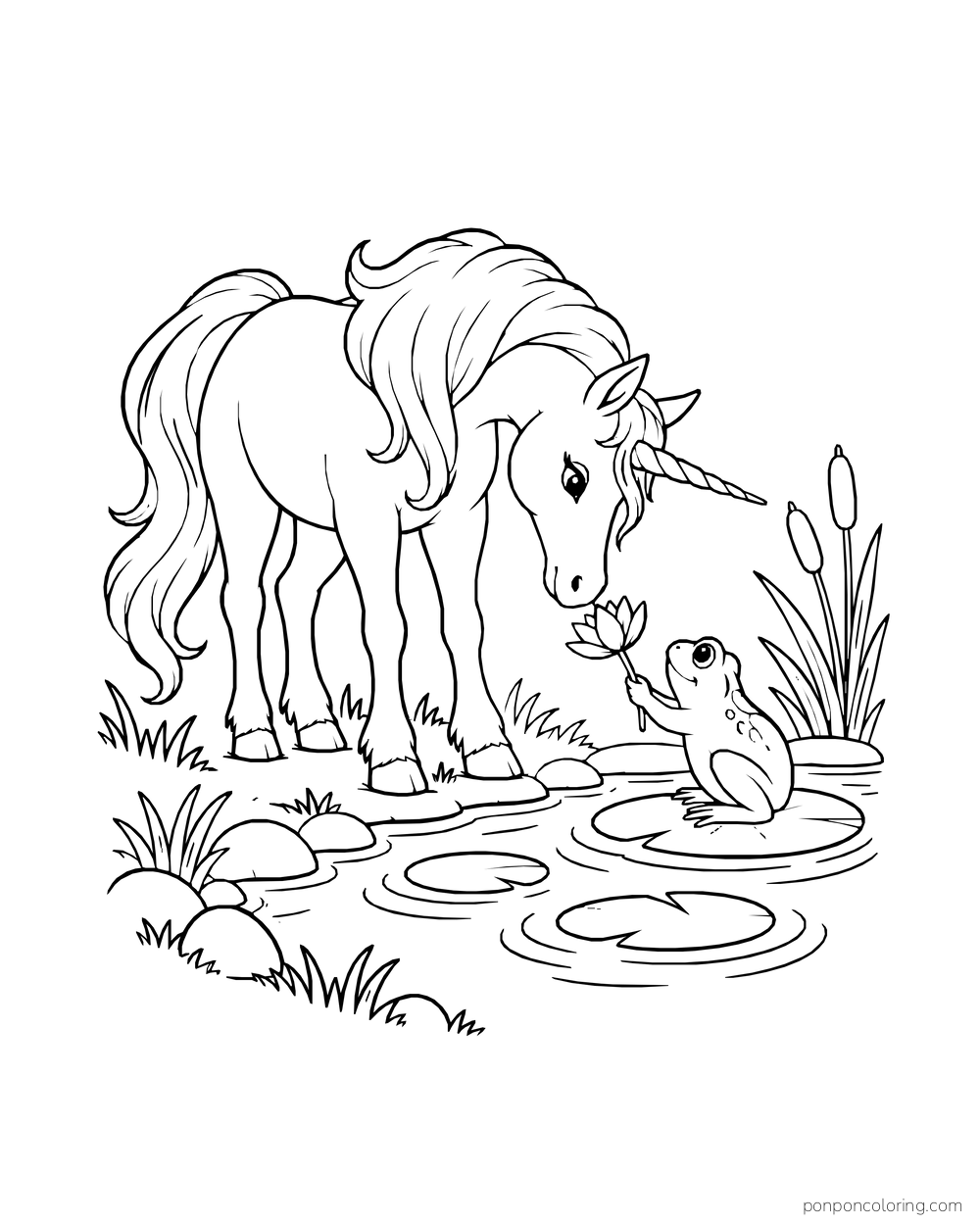 A unicorn bends toward a frog sitting on a lily pad in a small pond.