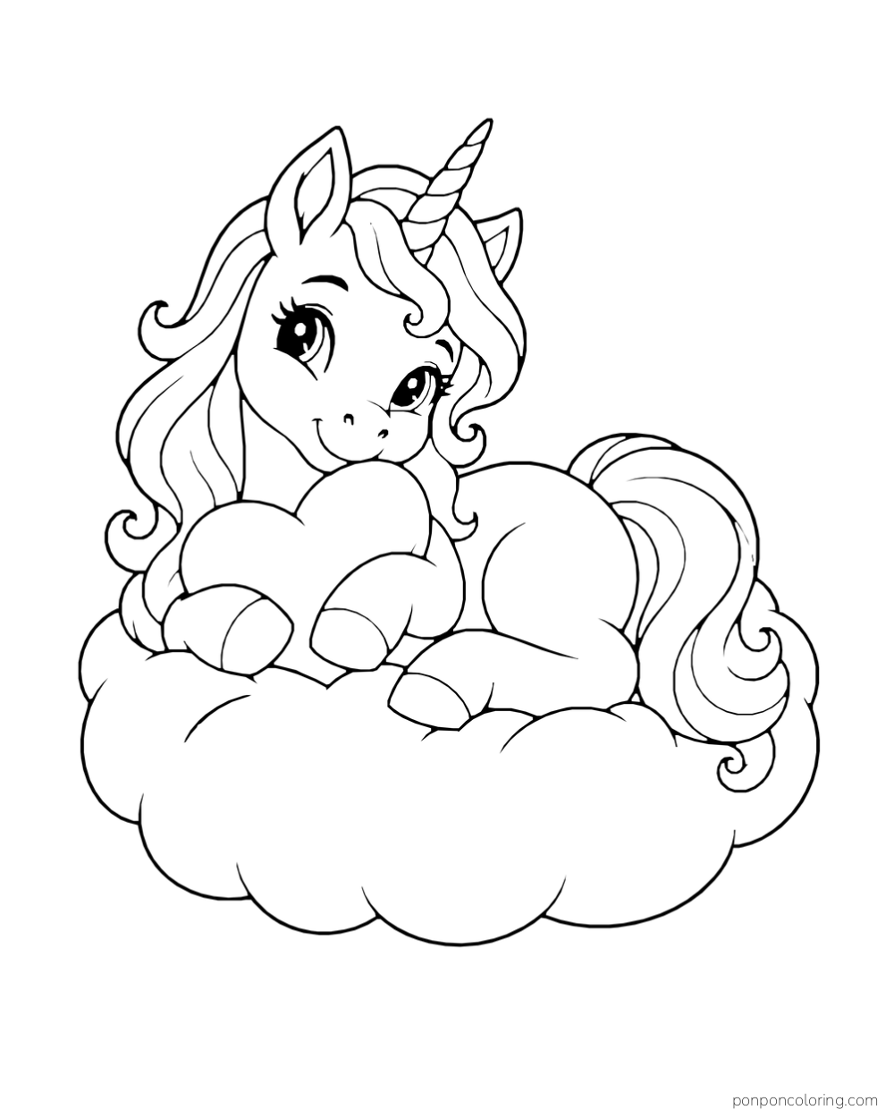 A unicorn holds a heart cushion while resting on a fluffy cloud.