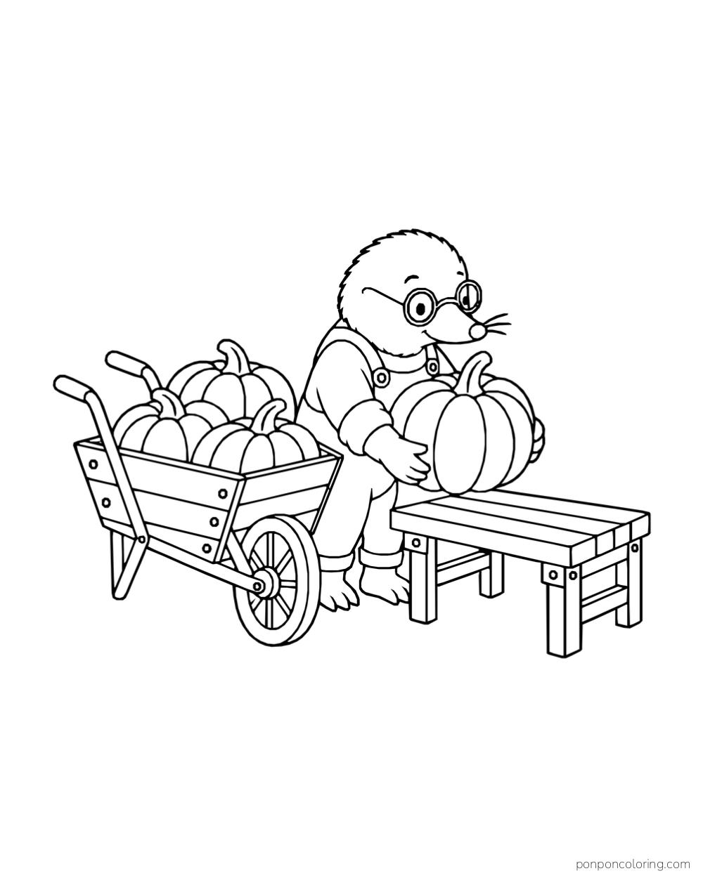 A mole with round glasses lifts a pumpkin beside a wheelbarrow and a wooden bench.