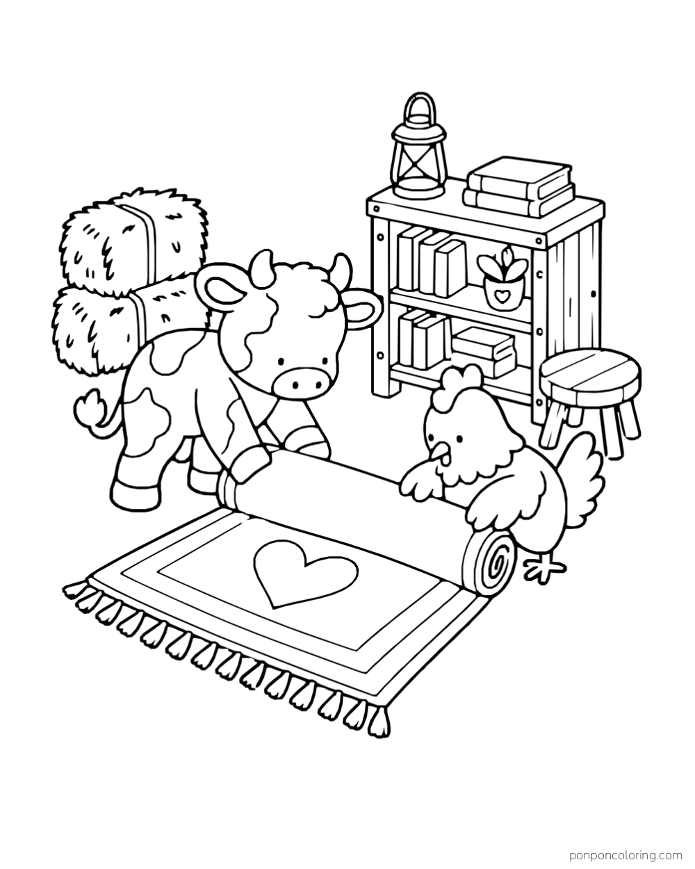 A calf and hen unroll a heart-patterned rug beside a bookcase and hay bales.