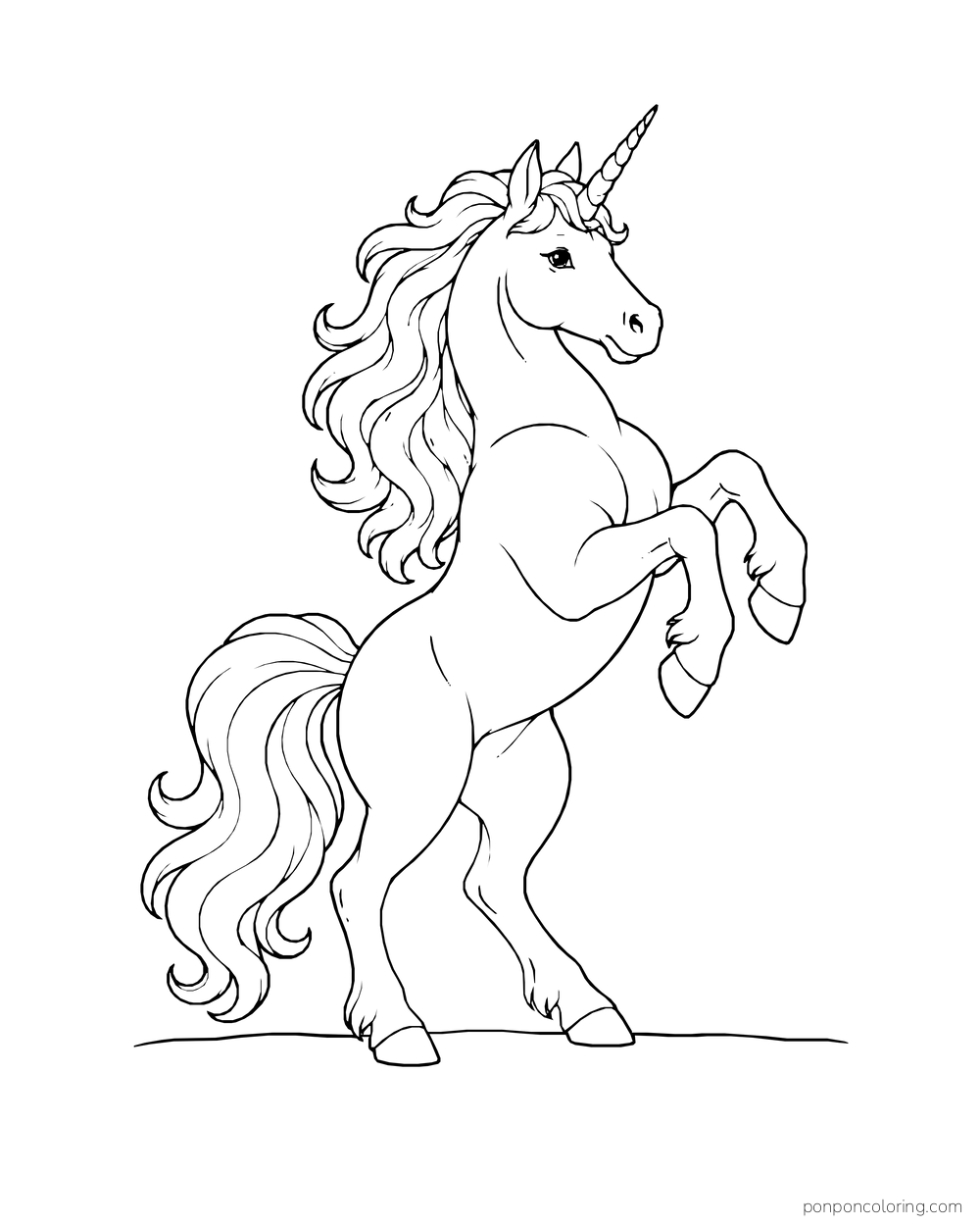 A unicorn rears on its hind legs with its forelegs raised and mane flowing.