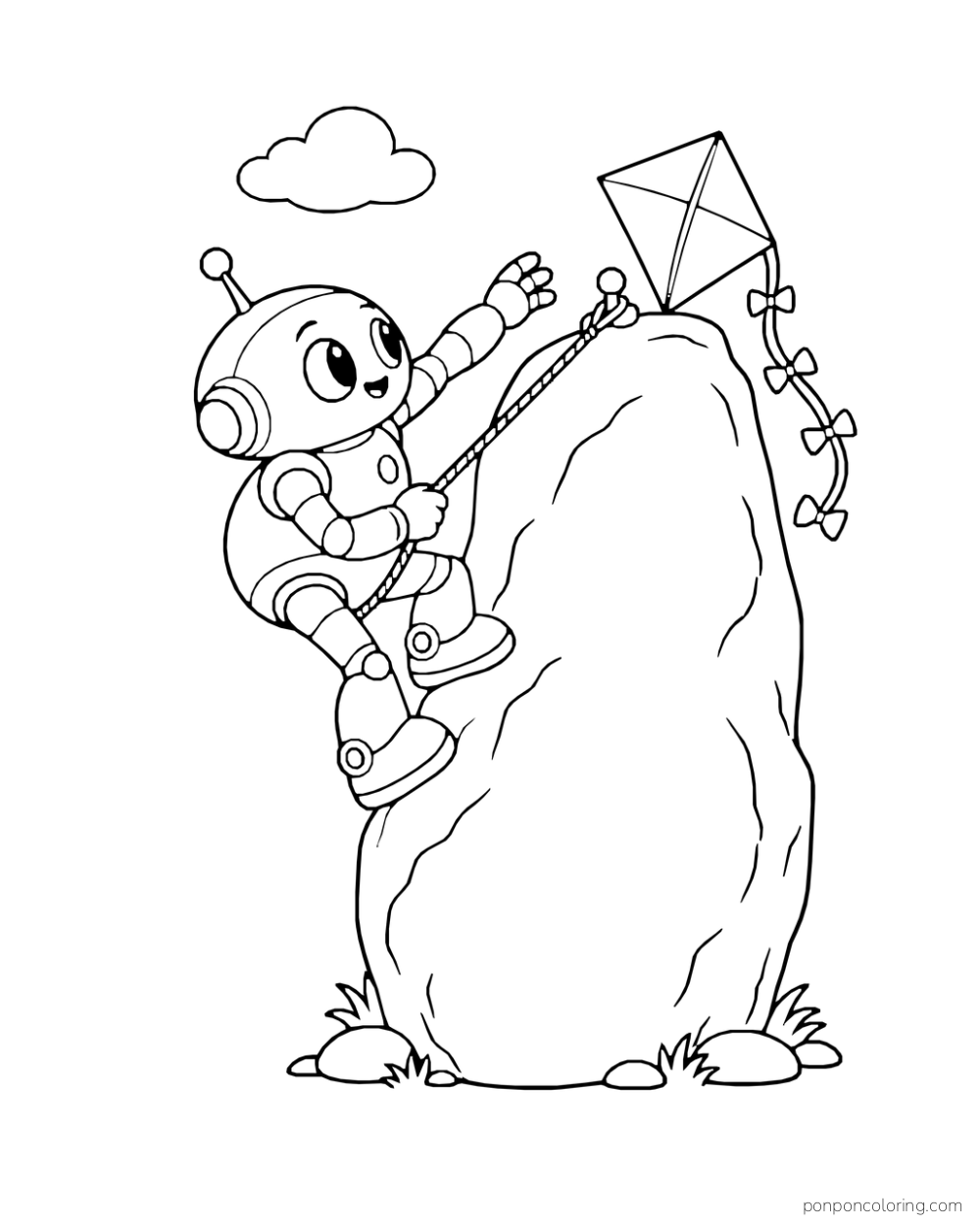 Robot climbs an enclosed rock column on a rope to recover a kite.