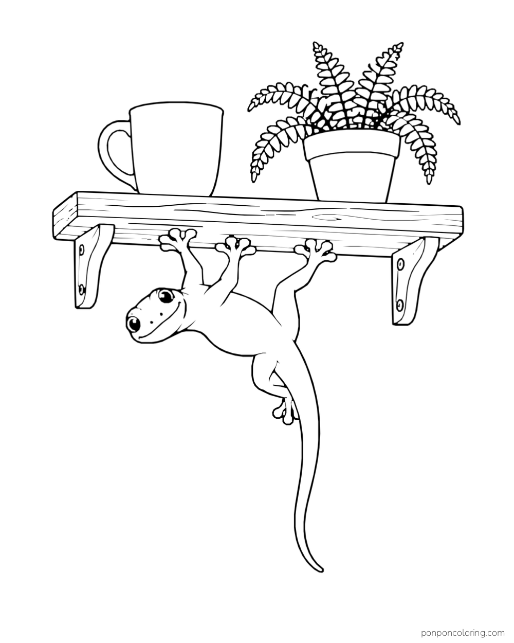 A gecko hangs from the underside of a short shelf holding a plain cup and a potted fern.