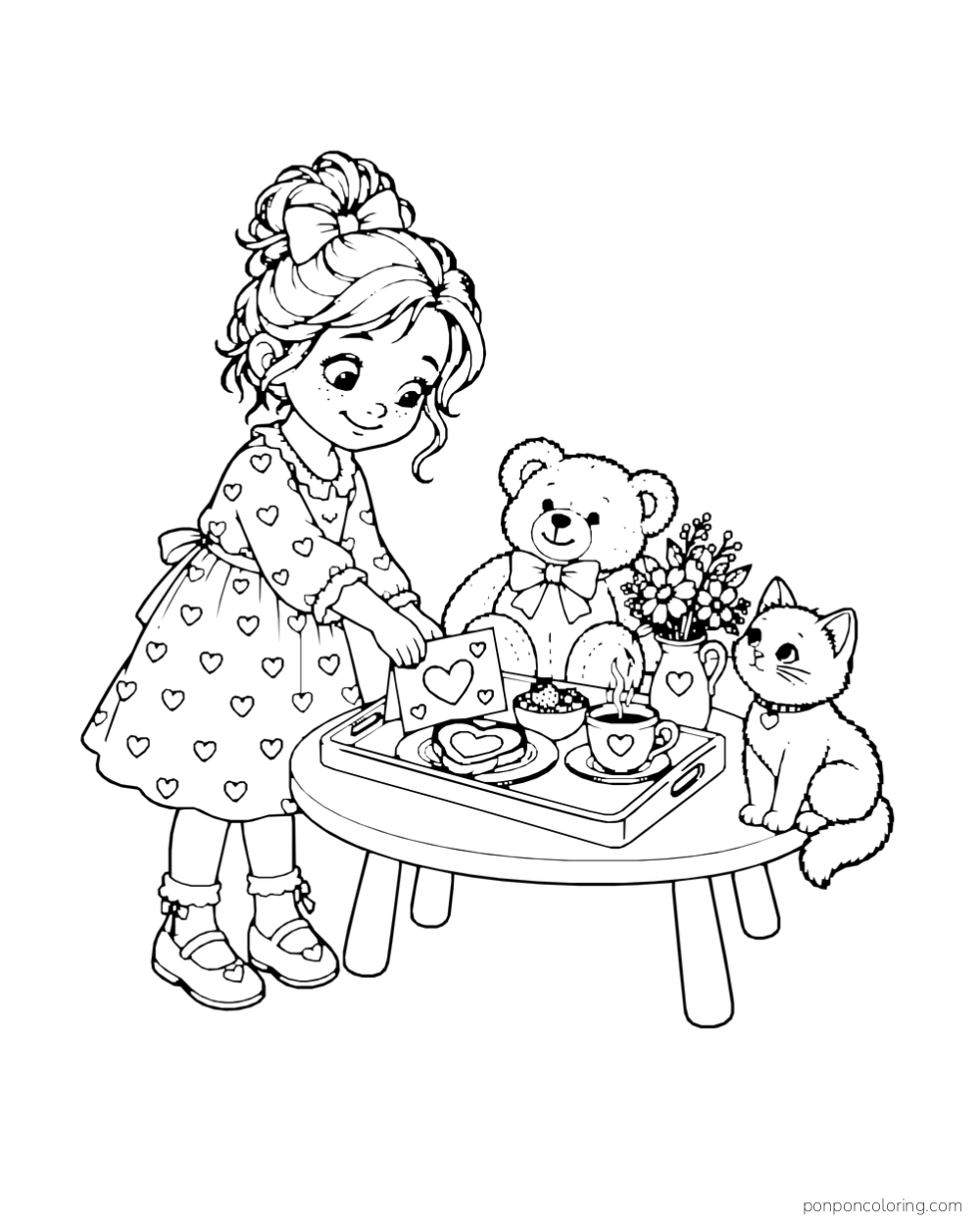 A girl sets a Valentine breakfast tray on a low table with a teddy bear and kitten beside her.