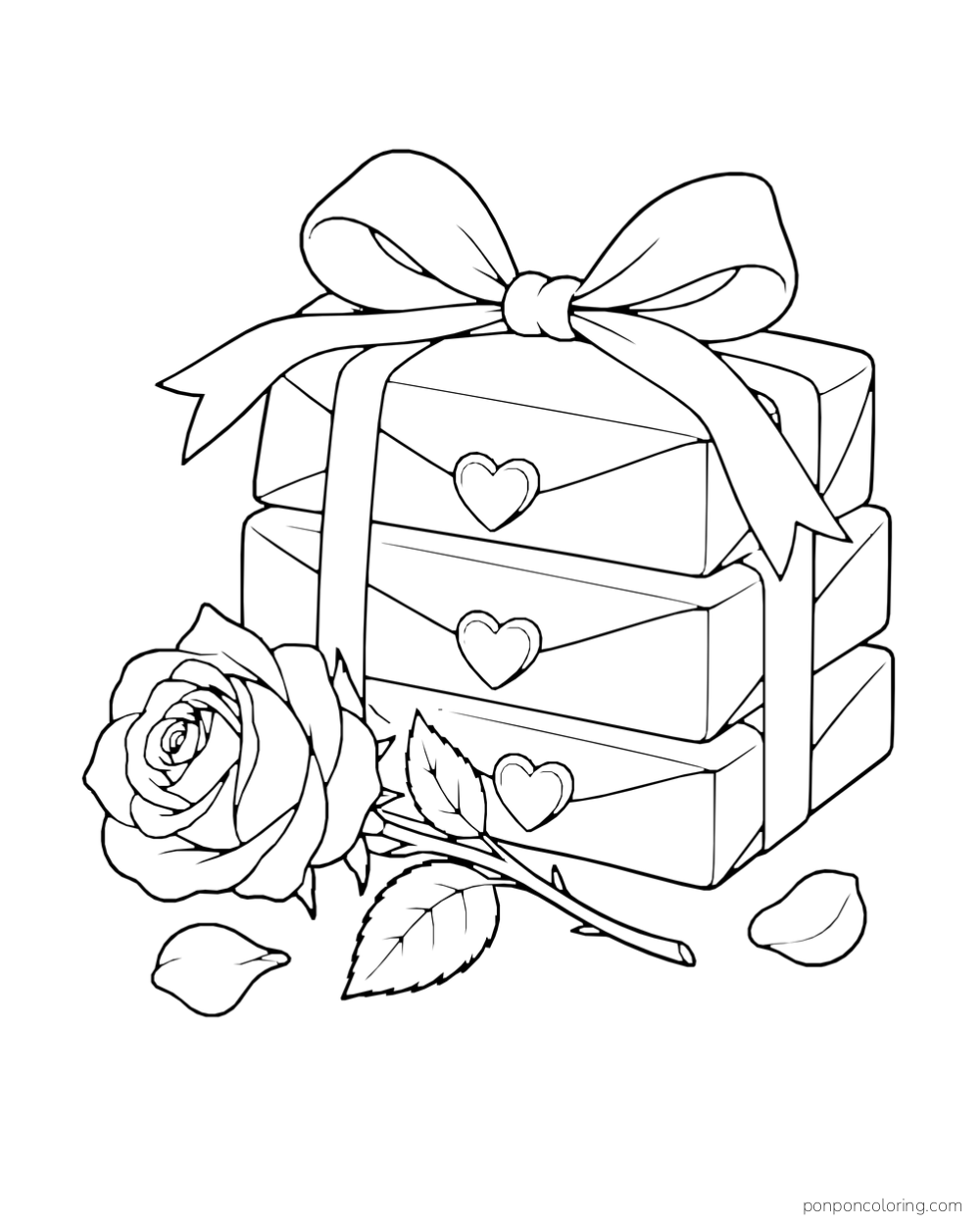 Three stacked gift boxes tied with a large bow sit beside a rose and fallen petals.