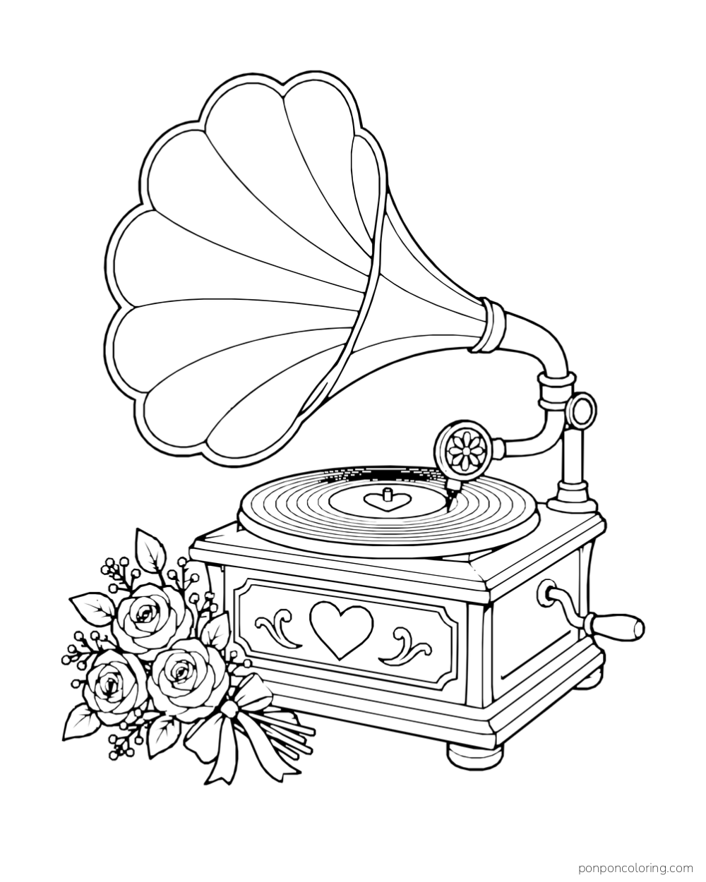 A vintage gramophone with a flower-shaped horn and heart details stands beside a rose bouquet.