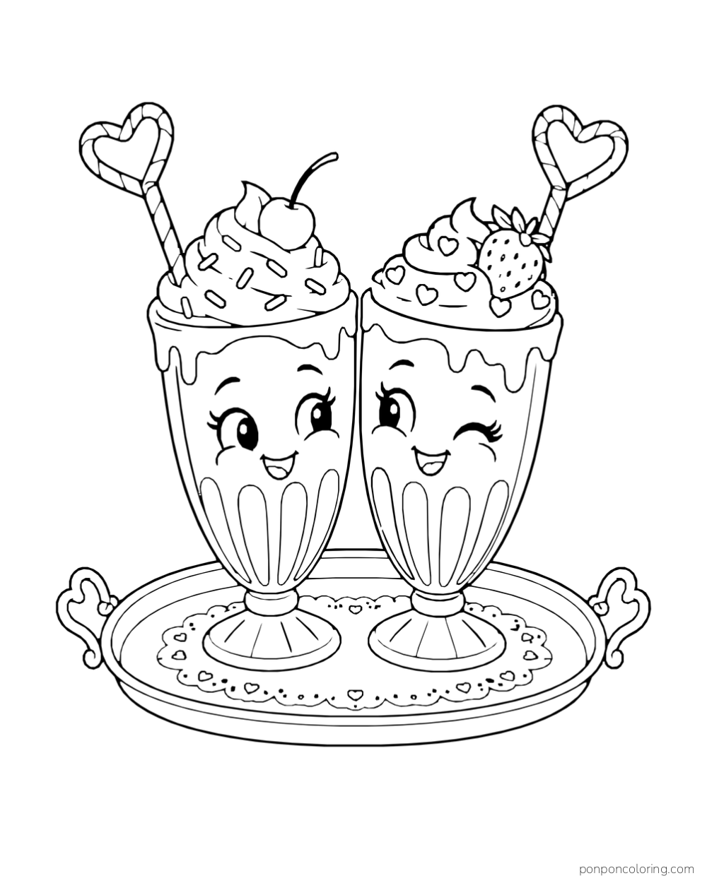 Two smiling milkshakes with whipped cream and heart straws stand on a decorative tray.