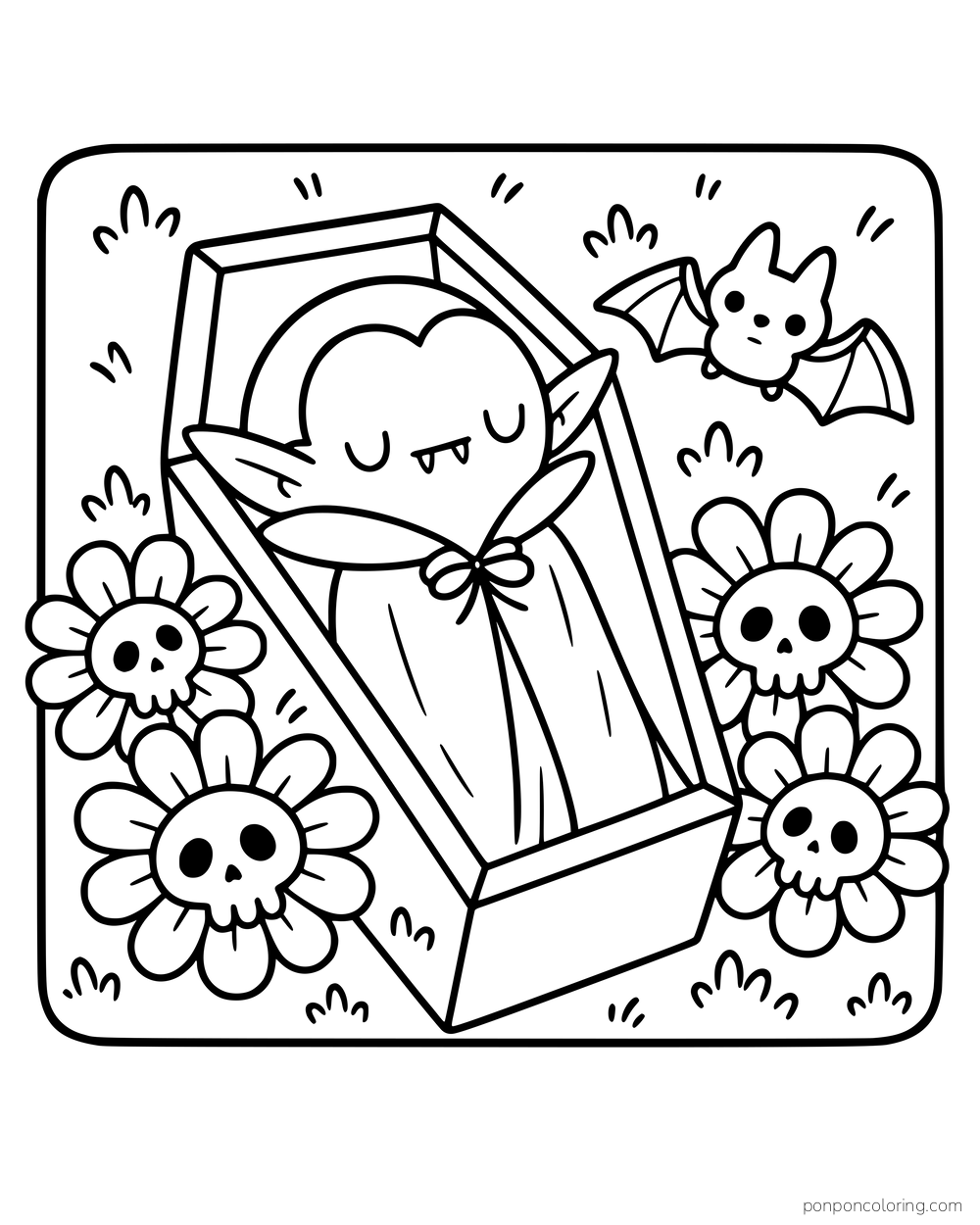 A small vampire lies in an open coffin surrounded by a bat and skull-centered flowers.