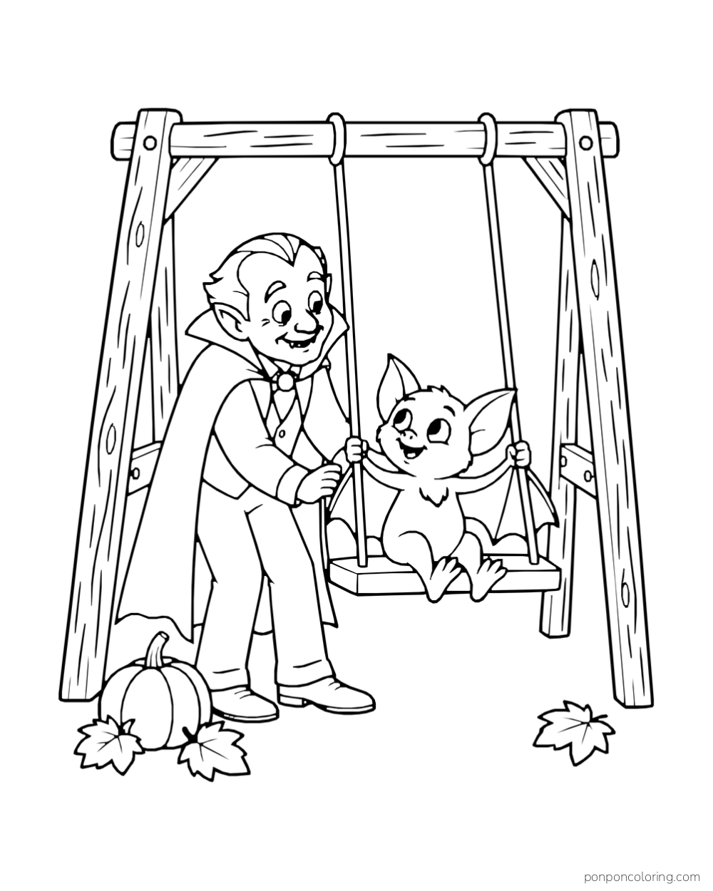 Kind older vampire reaching toward a little bat on a wooden swing with a pumpkin and autumn leaves nearby
