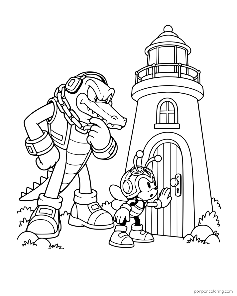 Vector and Charmy standing outside a small lighthouse.